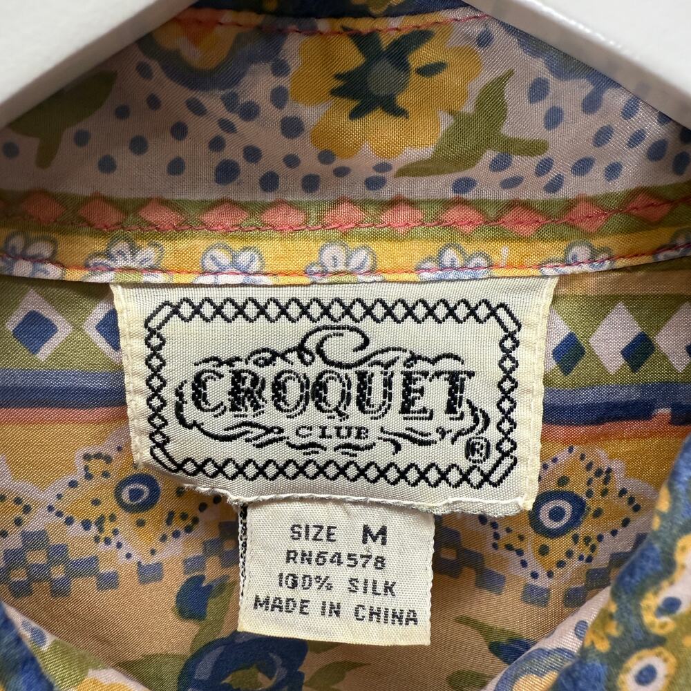 Vintage Croquet Club Short Sleeve Silk Blouse Size M Yellow Floral Boho Cottage - Picture 3 of 5